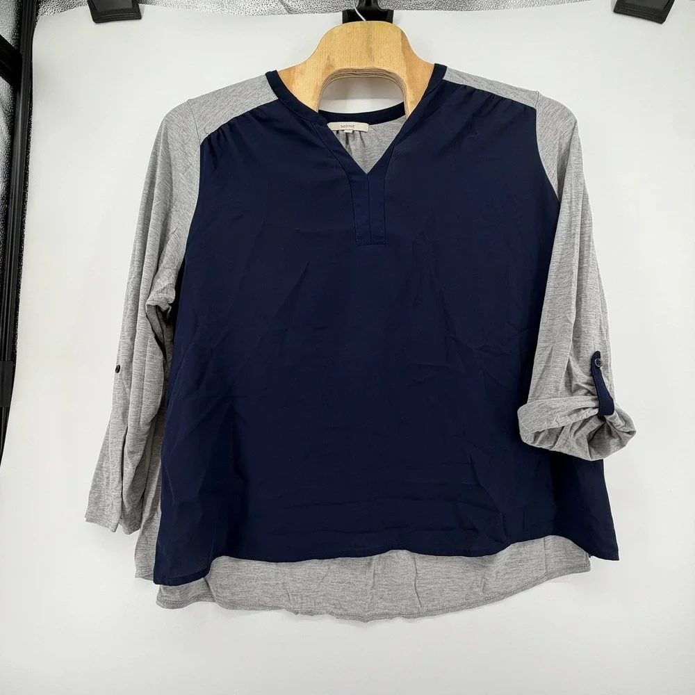 Sejour Womens‎ 3X Mixed Media Top Navy Grey Roll Tab Sleeve SJ296519WN